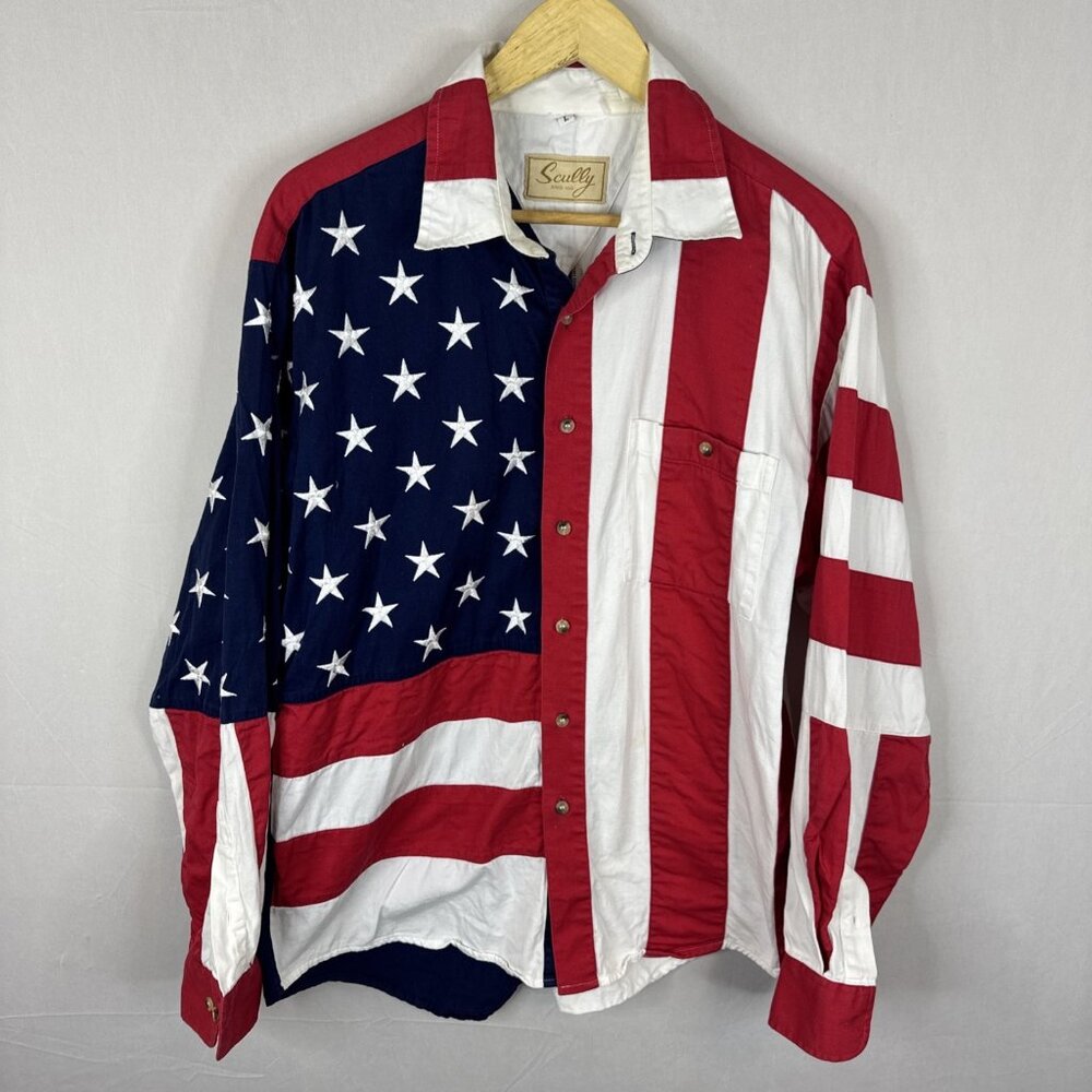 Scully Men's L Long Sleeve Button Up Western Shirt USA Flag Patriot Rockabilly